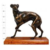 Cast iron 7in tall whippet dog on wood base