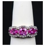 Sterling 3 stone pink sapphire ring lab created
