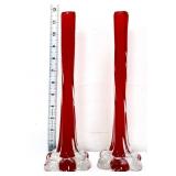 Pair Murano 12in red/clear bud vases
