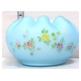 Blue satin 7in cased glass rose bowl w/ flowers