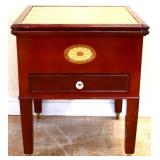 Vintage slide/lift top game end table with content