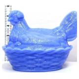 Blue milk glass hen on nest