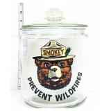 Round glass Smokey Bear canister w/ glass lid