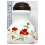 Vntg milk glass sugar shaker w/ red flowers