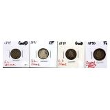 Lot of 4 1890s seated liberty dimes