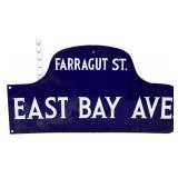 Vtg porc dbl side 22x11.5 East Bay Ave flange sign