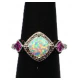 Sterling square fire opal ring, lab created