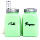 Pair jadeite square salt/pepper shakers black font