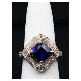 Sterling square sapphire ring, lab created