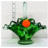 Green art glass basket w/ clear handle