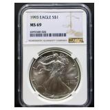 Graded MS69 1993 silver eagle coin