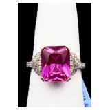Sterling emerald cut pink sapphire ring, lab grown