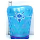 Fenton 6in blue diamond optic coralene vase