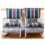 Pair wicker rockers w/ stripe cushions see pics
