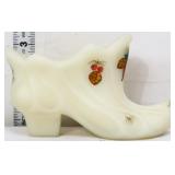 Fenton white satin pinecone & holly shoe
