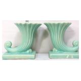 Pair vintage teal McCoy cornucopia vases
