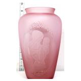 Fenton 9in pink etched mother & child vase