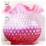 Fenton cranberry opalescent hobnail 6in vase