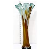 20in brown & blue art glass vase
