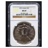 Graded MS69 1991 silver eagle coin