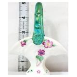 Fenton milk glass mini basket w/ green handle