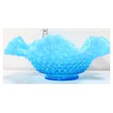Fenton 11in blue opalescent hobnail bowl