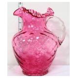 Fenton cranberry 9in pitcher, clear handle