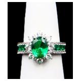 Sterling oval cut emerald ring, lab created