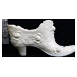 Fenton milk glass shoe with blue flowers