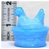 Miniature blue milk glass hen on nest