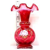 Fenton cranberry opalescent vase w/ roses