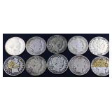 Lot of 10 barber half dollars