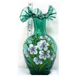 Fenton 10in green vase w/ flowers