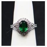 Sterling oval cut emerald ring, lab created