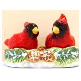 Pair cardinal salt/pepper shakers on holly base