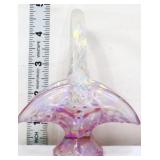 Fenton pink iridescent mini basket, clear handle