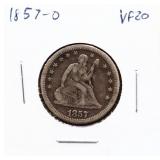 1857O seated liberty quarter