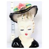 Vntg 7in lady head vase w/ black hat