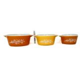 3 pc vntg Pyrex butterfly gold dish set w/ lids