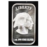 1oz Liberty Indian face silver bar