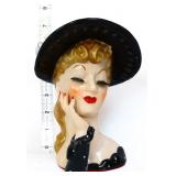 Vntg 7in lady head vase w/ black hat see photos