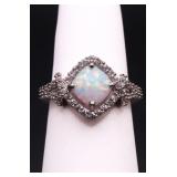Square cut fire opal ring, lab created