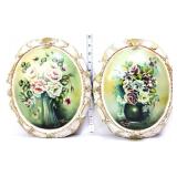 Pair vntg oval 12in floral wall plaques