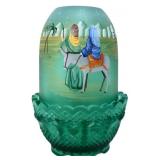 Fenton green satin Birth Of The Savior fairy lamp
