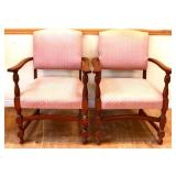 Pair of vintage wood frame chairs, pink fabric