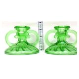 Pair vntg green depression candleholders