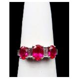 Sterling 3 stone ruby ring, lab created