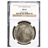 Graded MS64 1921 Morgan silver dollar