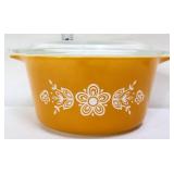 Vntg Pyrex butterfly gold dish w/ lid, lid chip