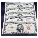 Lot of 5 red seal $5 notes